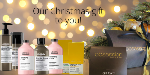 Our Christmas gift to you. Image showing Obsession Salon gift vouchers alongside Serie Expert and Decleor products.